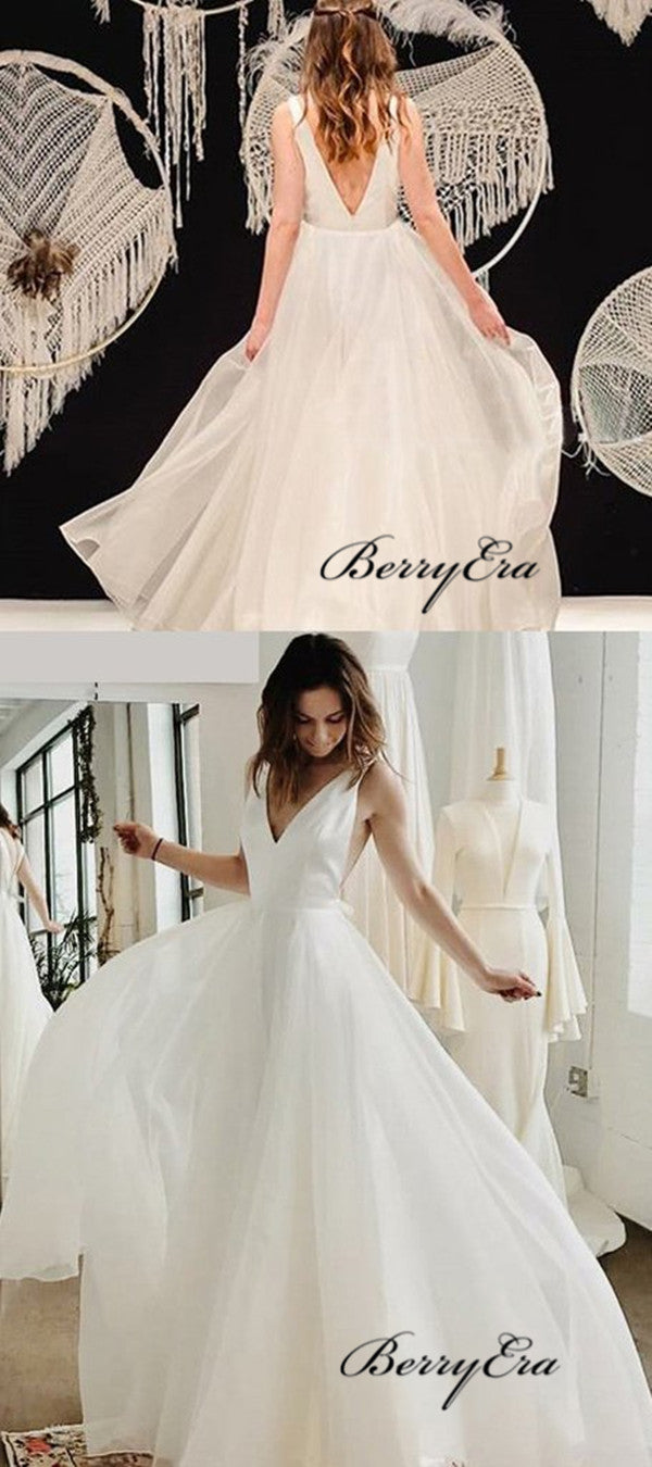 Simple A-line Wedding Dresses, V-neck Wedding Dresses, Cheap Wedding Dresses