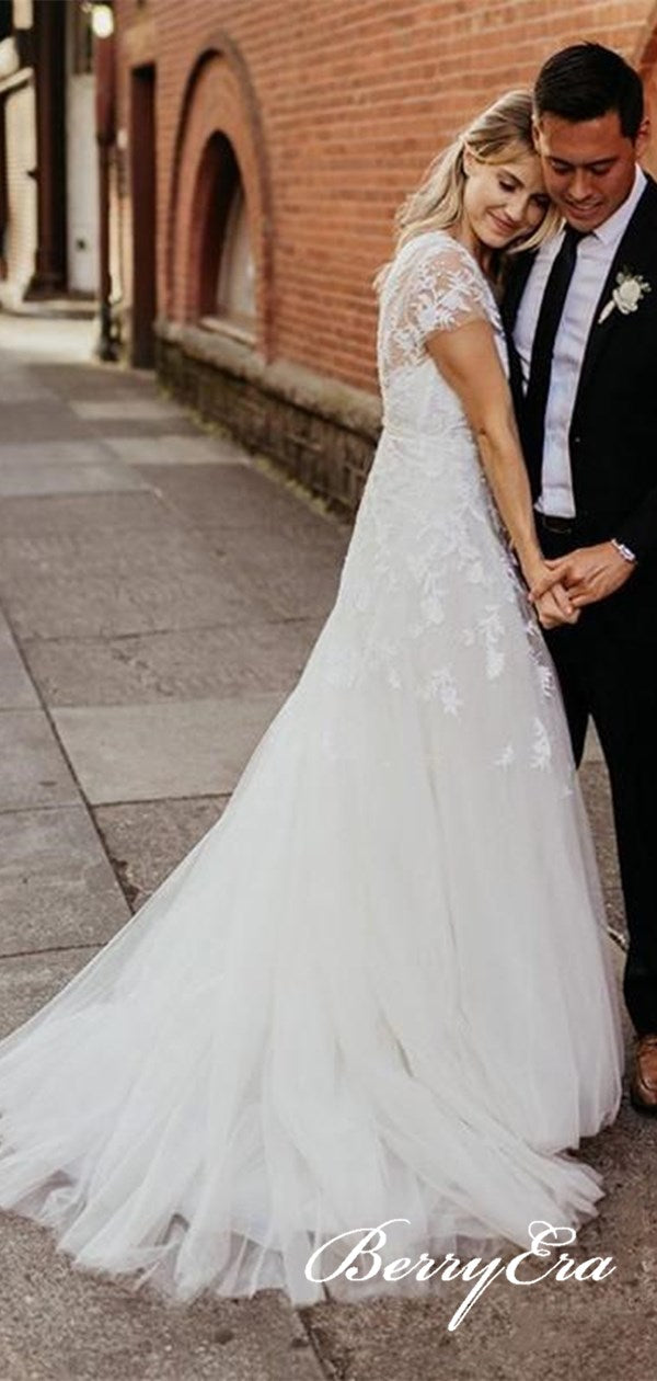 Cap Sleeves Popular Lace Wedding Dresses, Elegant Long Wedding Dresses