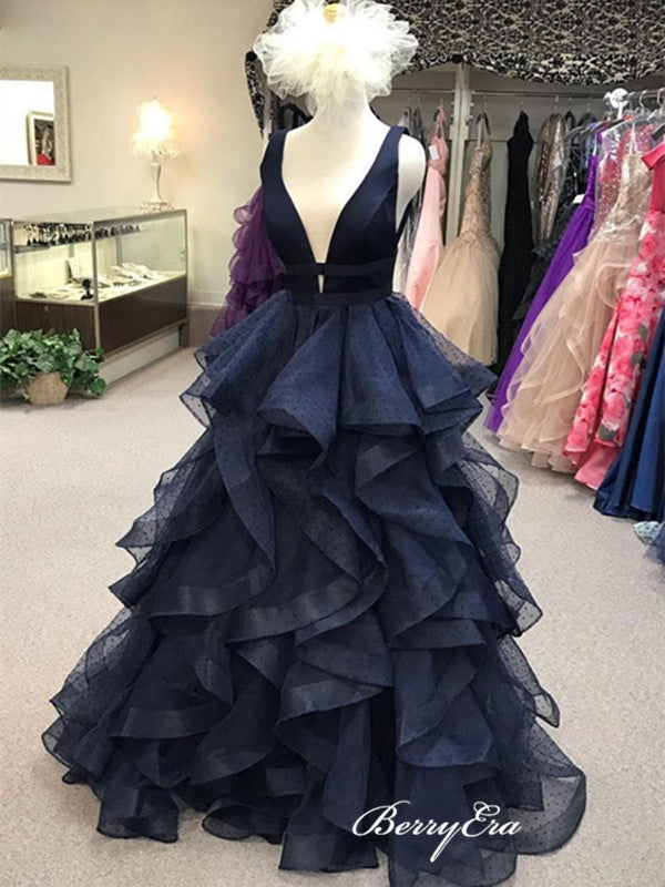 New Trendy Long Prom Dresses, Fluffy Tulle Prom Dresses, V-neck Prom Dresses 2019