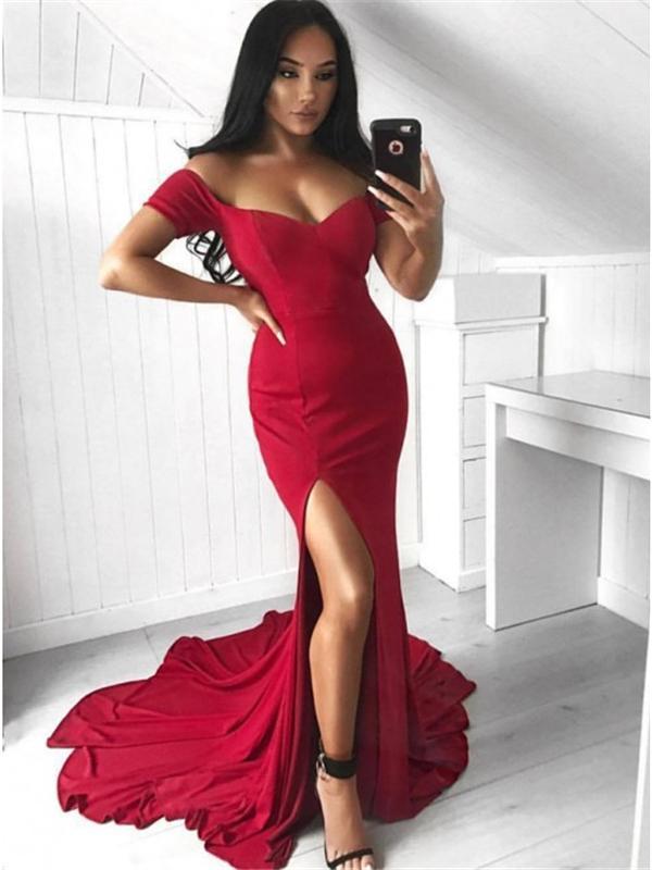 Off Shoulder Long Mermaid Side Slit Jersey Prom Dresses