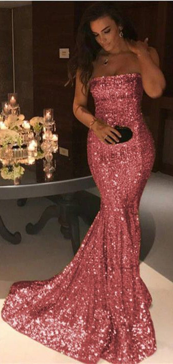 Strapless Sequins Long Prom Dresses, Mermaid Shiny 2020 Prom Dresses