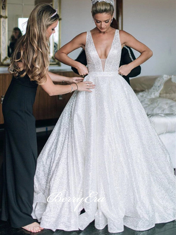 V-neck Glitter Fancy Wedding Dresses, Newest A-line Bridal Gowns, Wedding Dresses