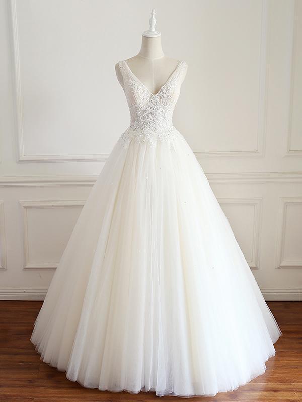 V-neck Lace Beaded Long A-line Tulle Wedding Dresses