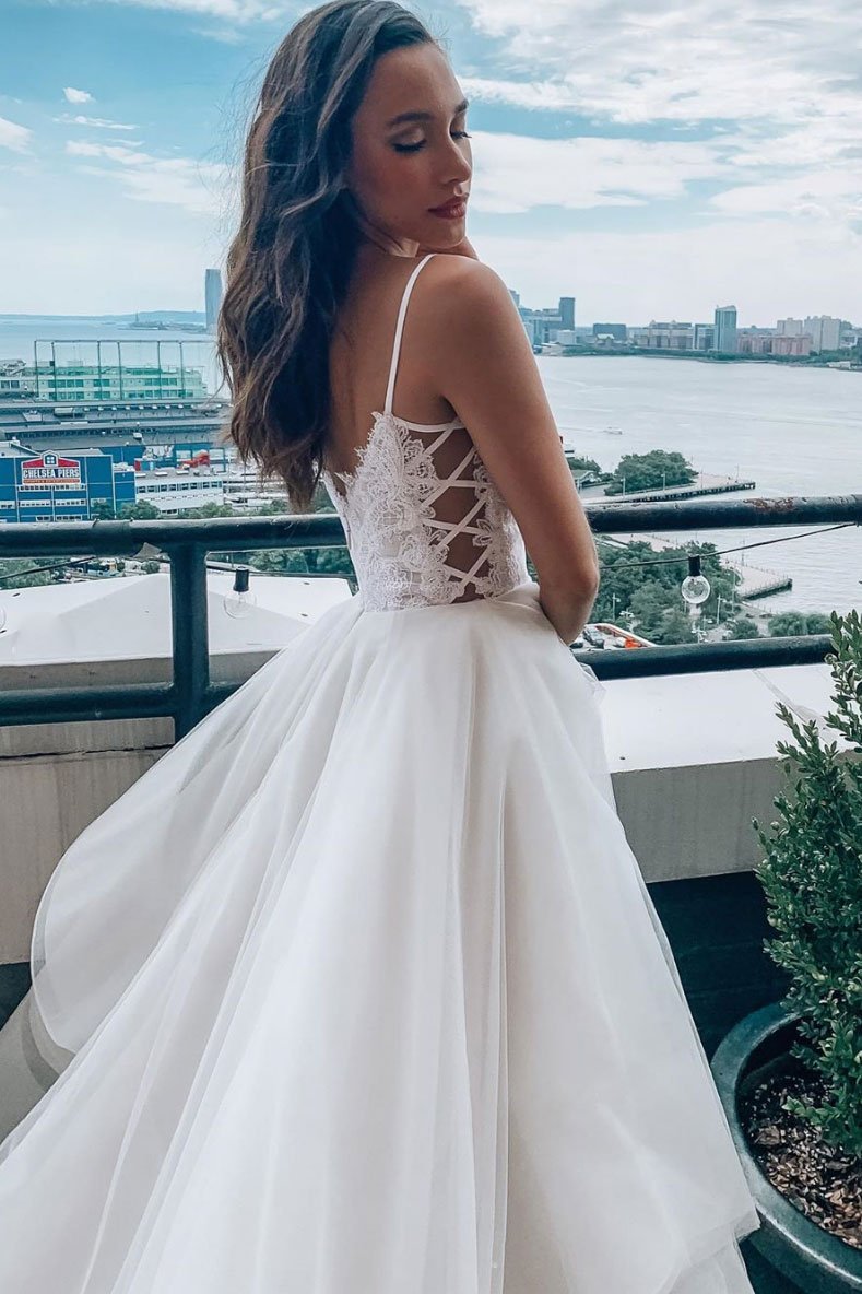 Spaghetti Straps Long Prom Dresses 2021, Lace Popular Graudation Dresses, A-line Evening Dresses