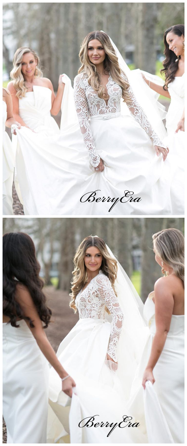 A-line Satin Lace Wedding Dresses, Long Sleeves Newest Bridal Gowns