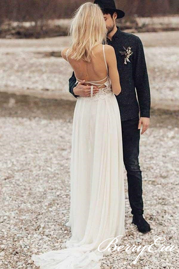 Spaghetti Long A-line Lace Chiffon Beach Wedding Dresses