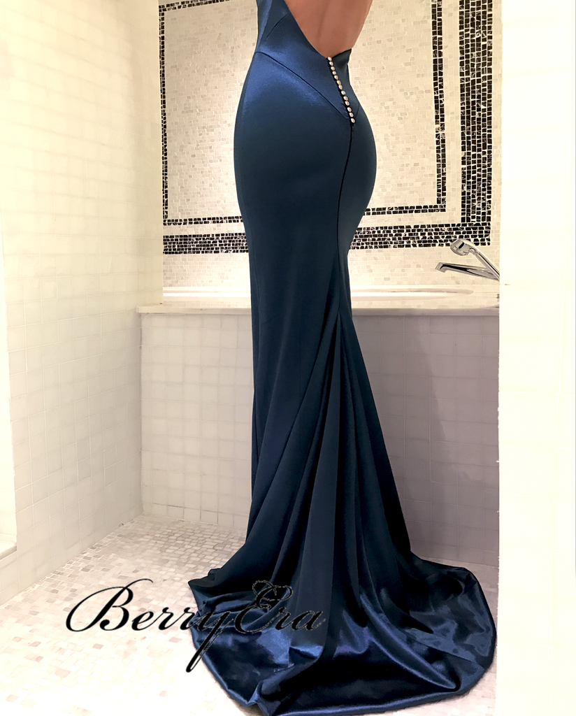 Spaghetti Long Mermaid Navy Soft Satin Prom Dresses, Long Prom Dresses