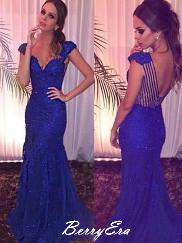 Lace Royal Blue Mermaid Long Prom Dresses, Open Back Sexy Prom Dresses