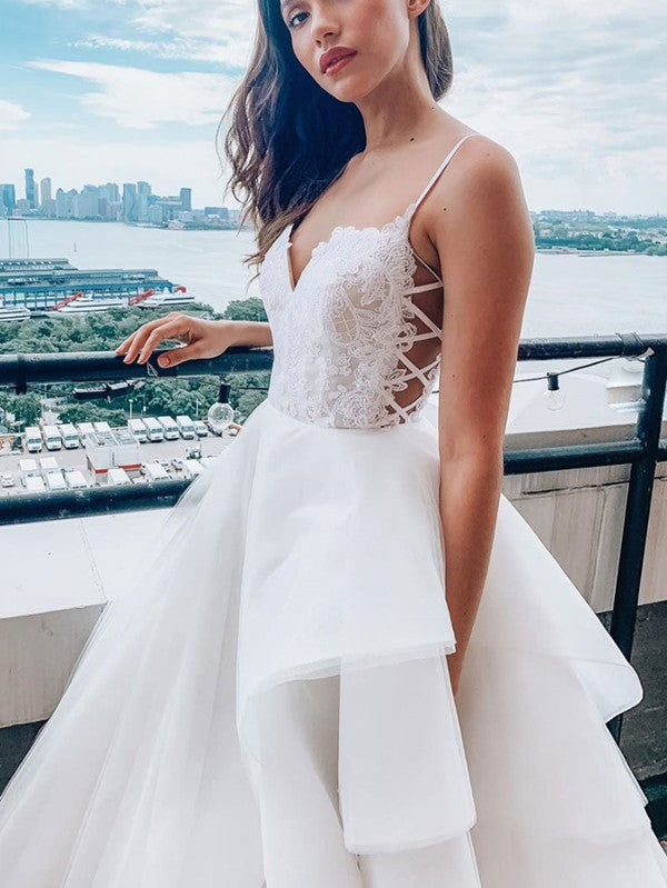 Spaghetti Straps Long Prom Dresses 2021, Lace Popular Graudation Dresses, A-line Evening Dresses