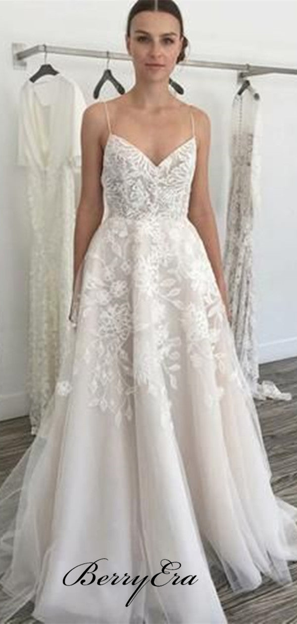 Spaghetti Straps A-line Wedding Dresses, Popular Lace Wedding Dresses