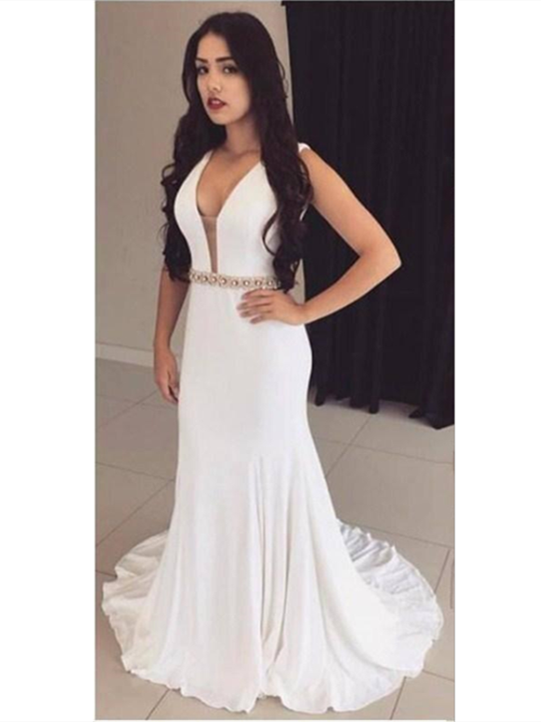 White Color Mermaid Long Prom Dresses, Cheap Beaded Prom Dresses