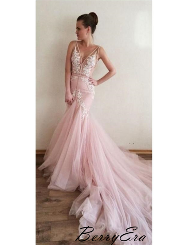 Pink Sweet Lace Long Prom Dresses, Mermaid Tulle Party Prom Dresses