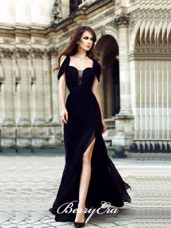 A-line Long Black Chiffon Prom Dresses, Cheap Prom Dresses 2019