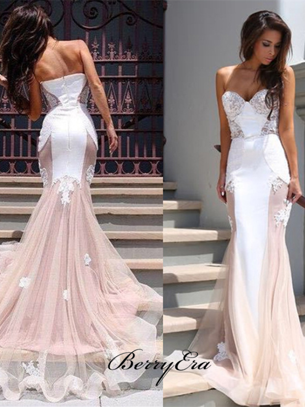 Mermaid Strapless Lace Prom Dresses, Elegant Long Prom Dresses