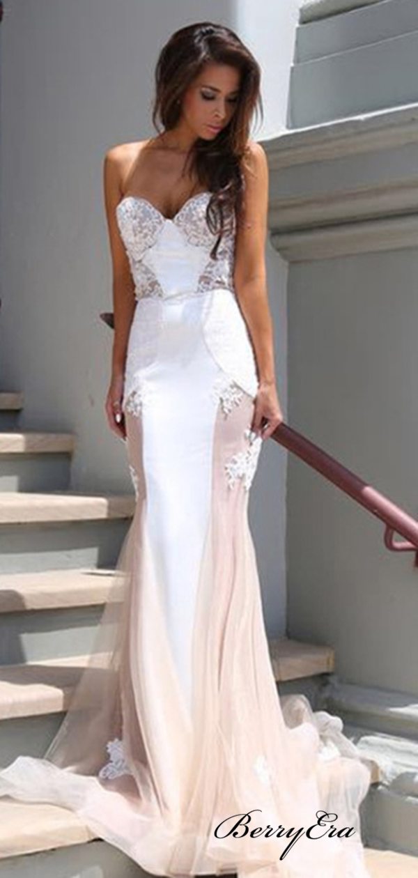 Mermaid Strapless Lace Prom Dresses, Elegant Long Prom Dresses