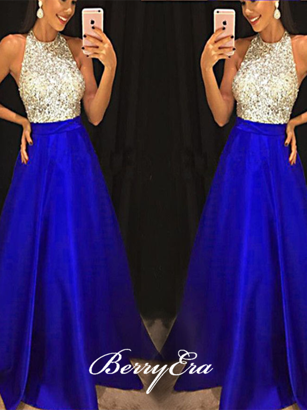 Stain A-line Halter Long Prom Dresses, Beaded Beauty Prom Dresses