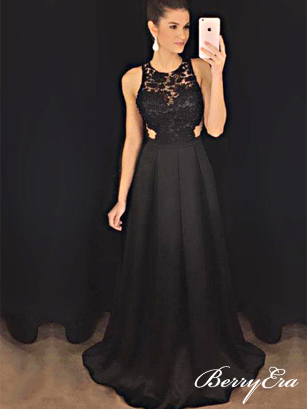 Sweetheart Black Lace Prom Dresses, Stain Long Party Prom Dresses