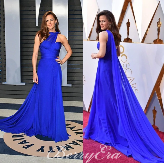 Jennifer Garner Royal Blue One Shoulder Chiffon Prom Dresses, Long Prom Dresses