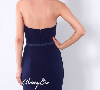 Spaghetti Navy Mermaid Jersey Bridesmaid Dresses, Long Bridesmaid Dresses