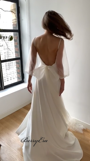 Simple Elegant Chiffon Tulle Long Wedding Dresses, Bridal Gown