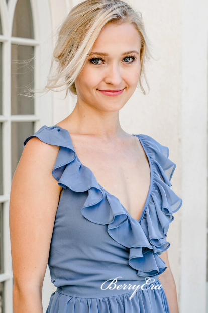 V-neck Ruffled A-line Blue Bridesmaid Dresses