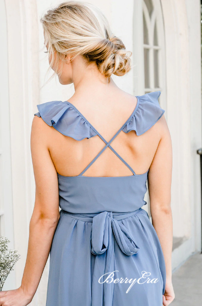 V-neck Ruffled A-line Blue Bridesmaid Dresses