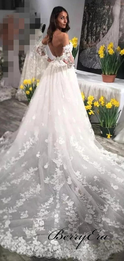 Sweetheart Long Sleeves Wedding Dresses, Lace A-line Wedding Dresses