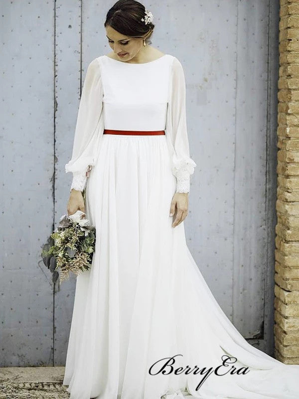 Long Sleeves Popular Wedding Dresses, Simple Chiffon Wedding Dresses