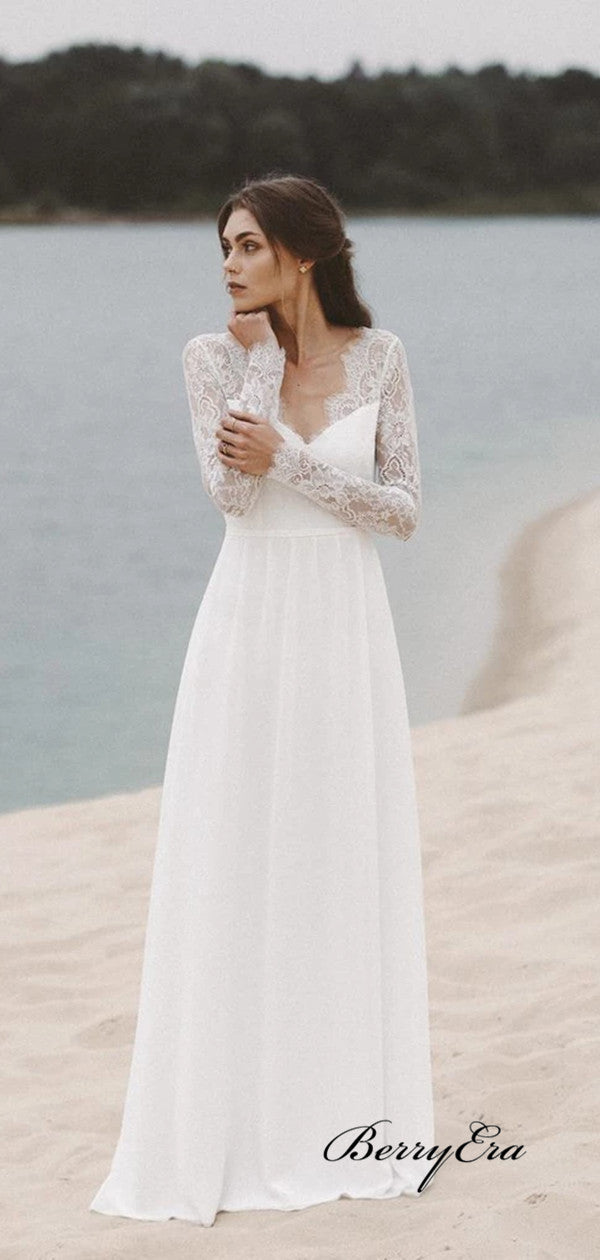 Popular Long Sleeves Wedding Dresses, Lace Beach Wedding Dresses