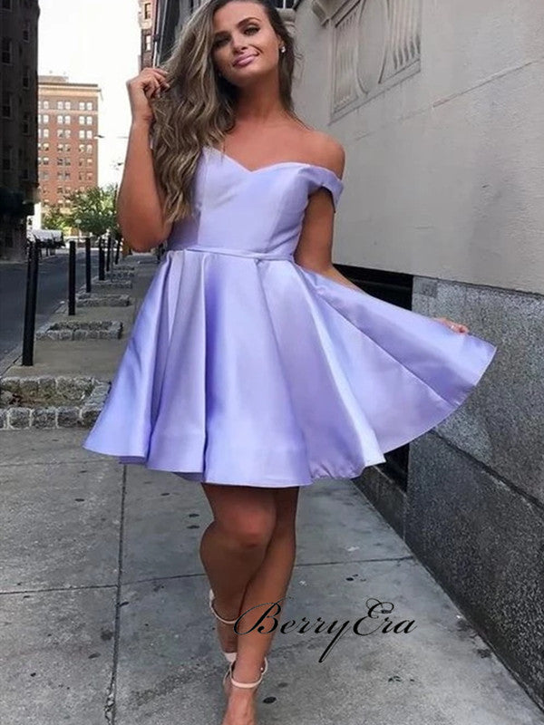 Satin Off The Shoulder Homecoming Dresses, A-line Short Prom Dresses