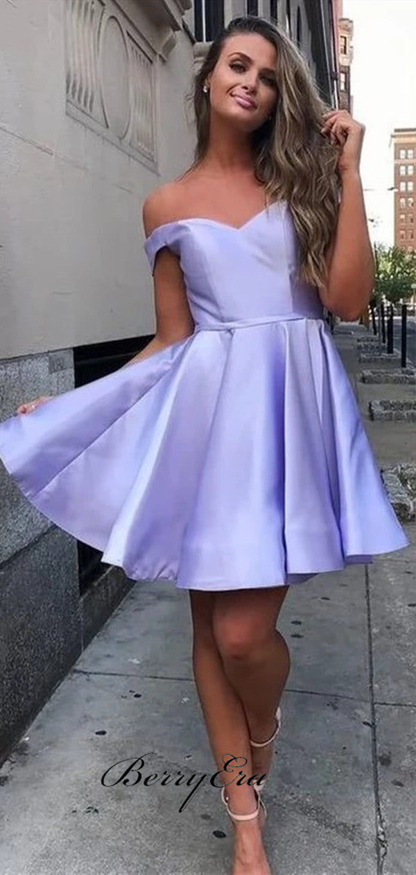 Satin Off The Shoulder Homecoming Dresses, A-line Short Prom Dresses