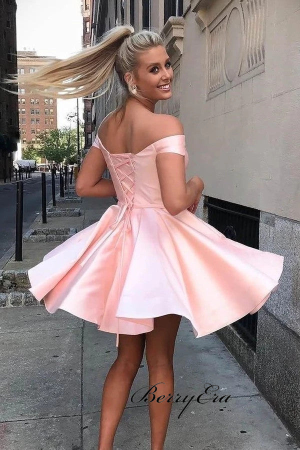 Satin Off The Shoulder Homecoming Dresses, A-line Short Prom Dresses