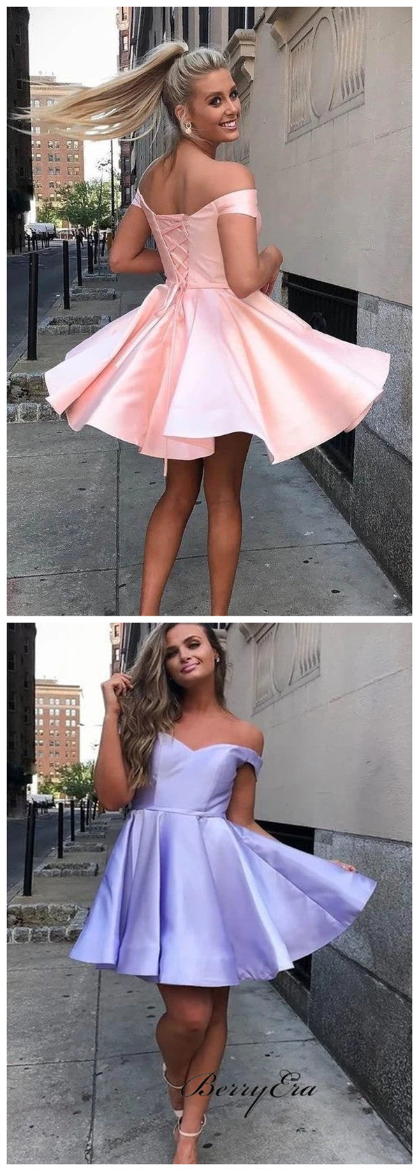 Satin Off The Shoulder Homecoming Dresses, A-line Short Prom Dresses