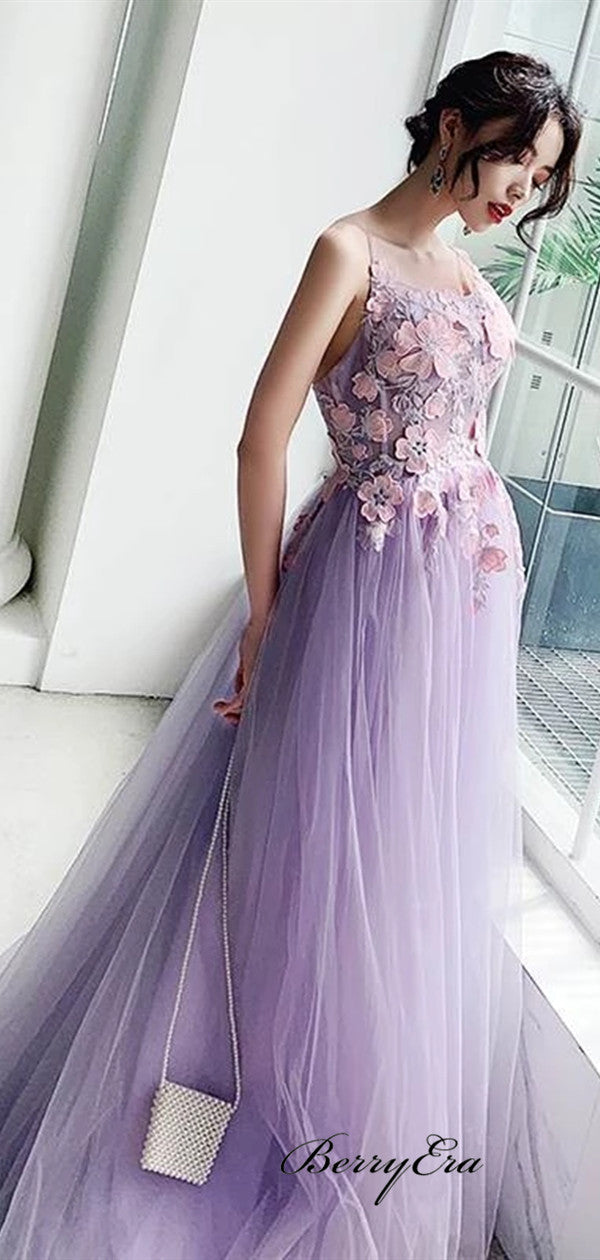 Open Back A-line Tulle Prom Dresses, Long Elegant Appliques Prom Dresses