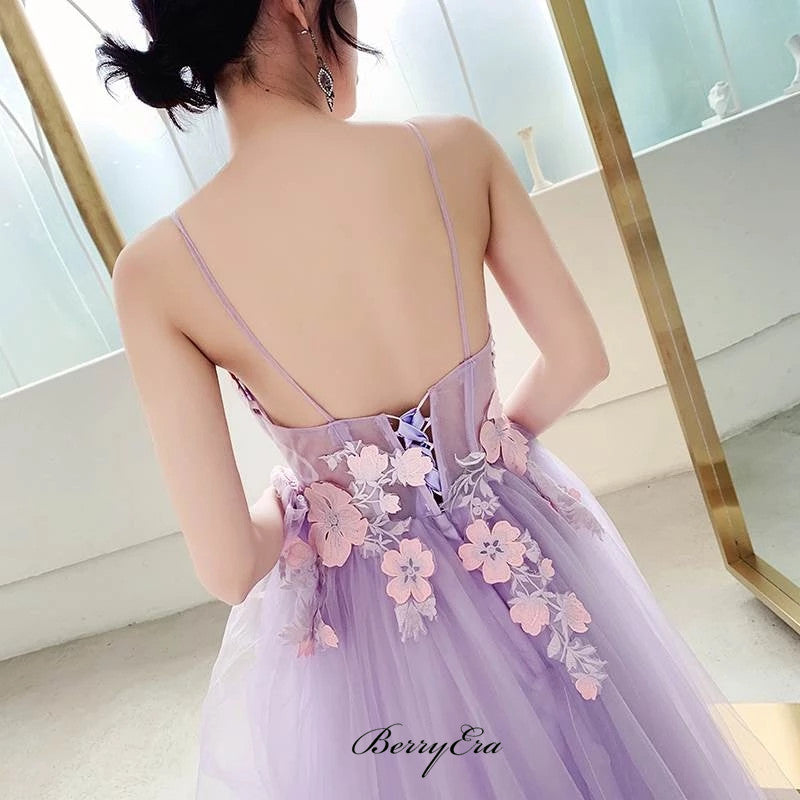 Open Back A-line Tulle Prom Dresses, Long Elegant Appliques Prom Dresses