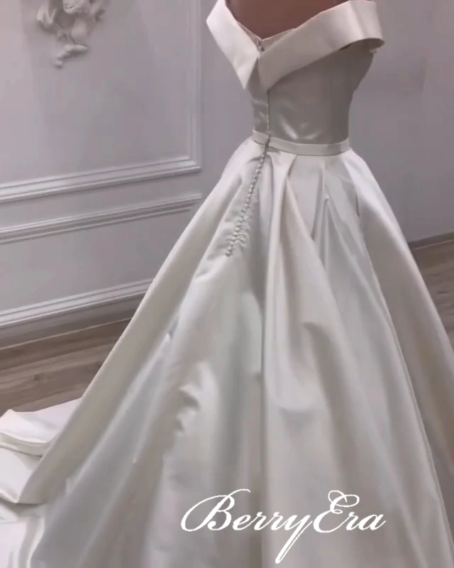 Off Shuolder Long A-line Ivory Satin Wedding Dresses, Long Bridal Gown, Elegant Wedding Dresses