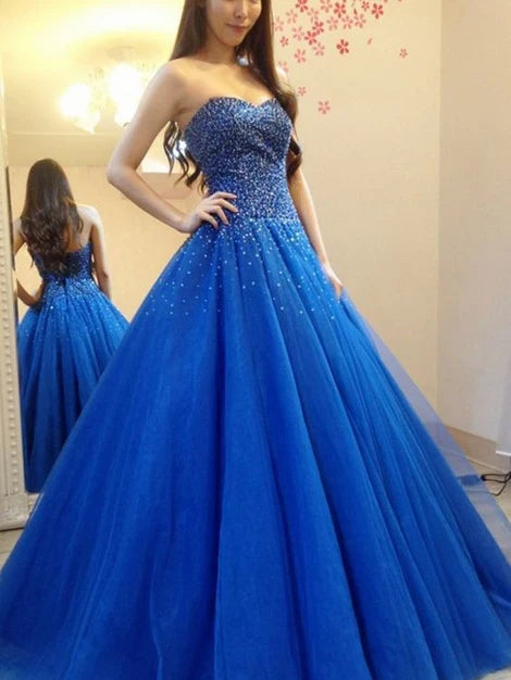 Sweetheart Long A-line Tulle Beaded Prom Dresses, Lovely Princess Prom Dresses, 2020 Prom Dresses