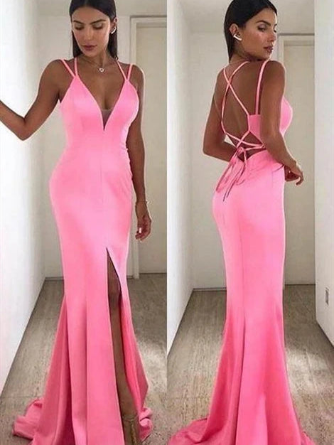 V-neck Pink Side Slit Prom Dresses, Mermaid Prom Dresses, Sexy Long Prom Dresses