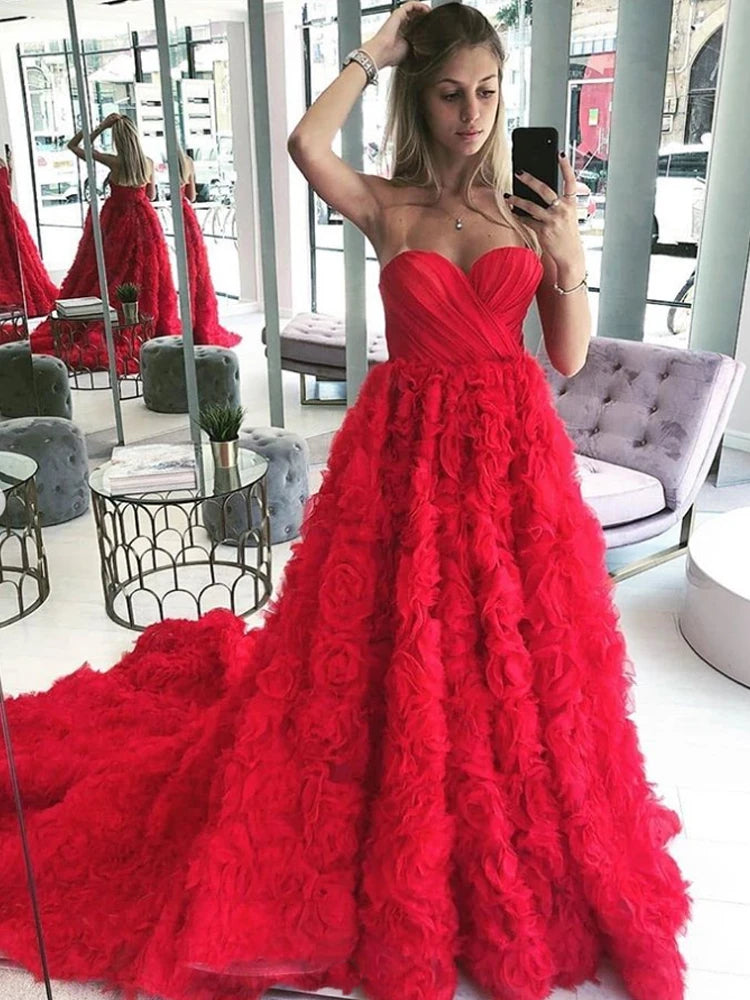 Sweetheart 3D Roses Red Wedding Dresses, Chic Long Bridal Gown, 2020 Prom Dresses, A-line Wedding Dresses