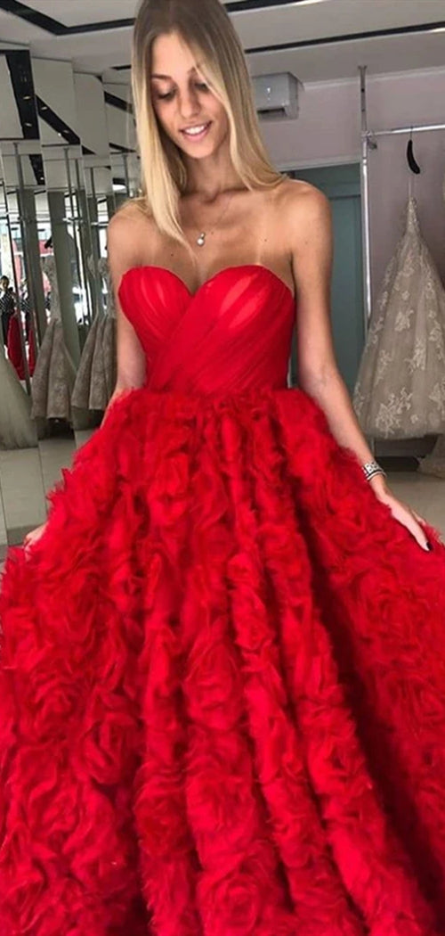 Sweetheart 3D Roses Red Wedding Dresses, Chic Long Bridal Gown, 2020 Prom Dresses, A-line Wedding Dresses