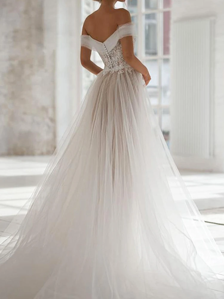Off Shoulder Ivory Lace Tulle Wedding Dresses, A-line Wedding Dresses, Country Wedding Dresses
