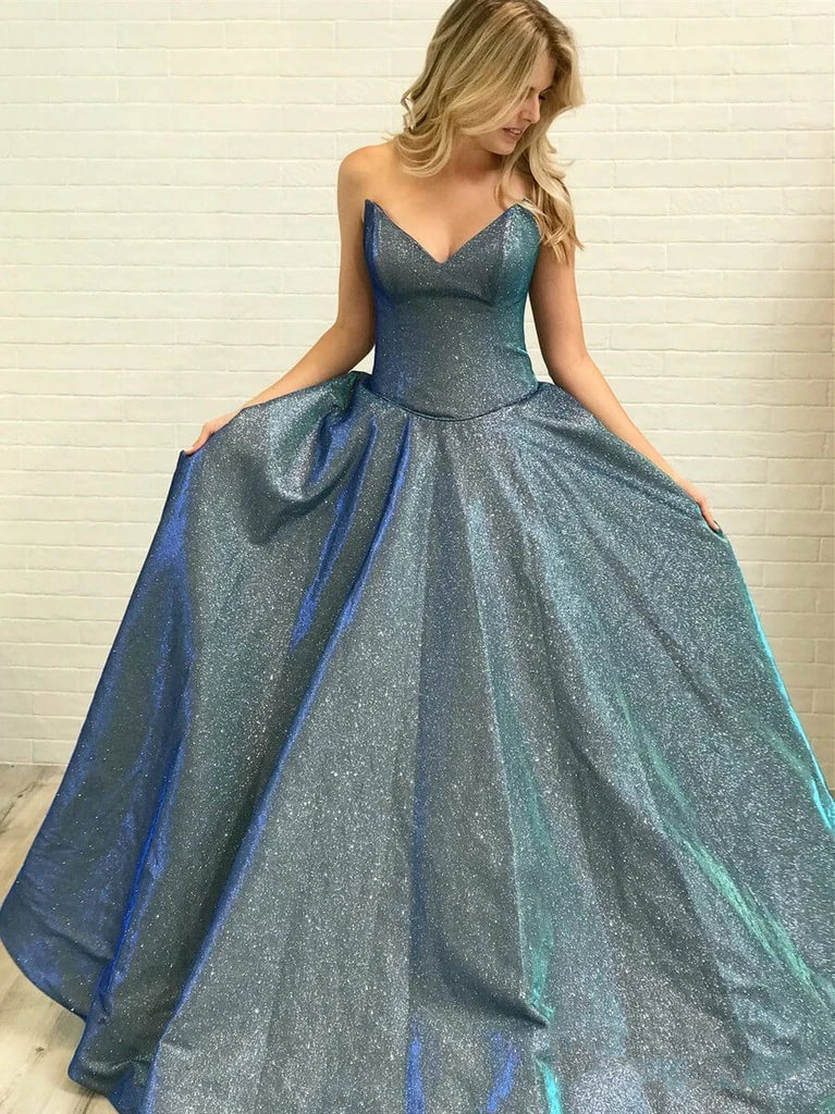 Strapless Long A-line Shiny Satin Prom Dresses, 2020 Prom Dresses, Shiny Prom Dresses