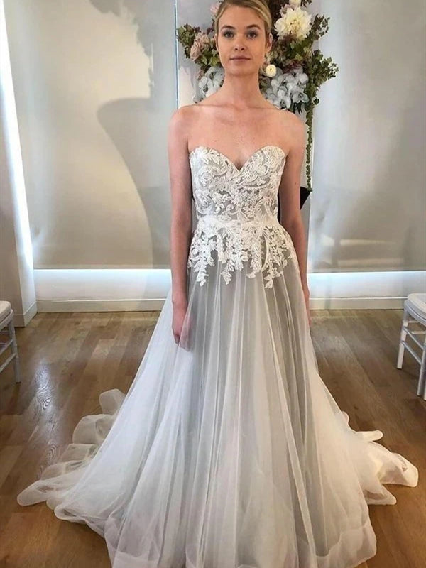 Sweetheart Long A-line Grey Lace Tulle Wedding Dresses, Simple Wedding Dresses, Long Wedding Dresses