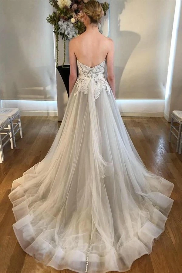 Sweetheart Long A-line Grey Lace Tulle Wedding Dresses, Simple Wedding Dresses, Long Wedding Dresses