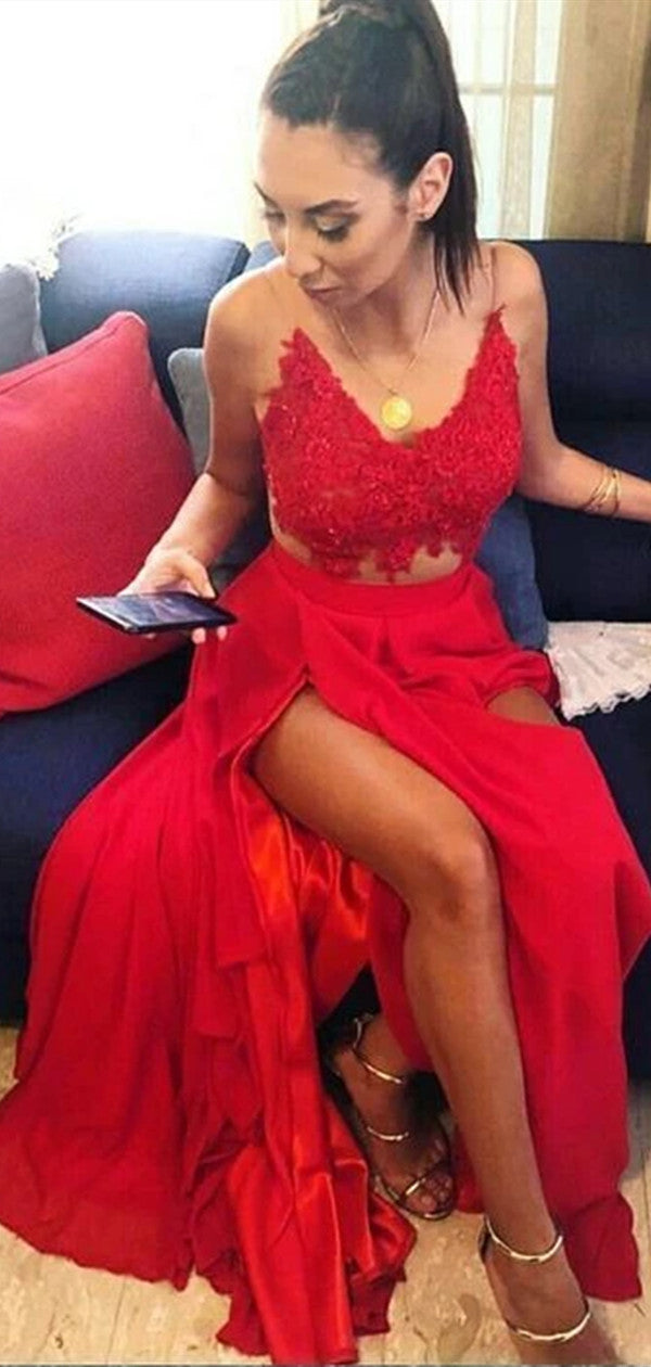 Red Color Lace Fashion Long Prom Dresses, 2020 Newest Long Prom Dresses