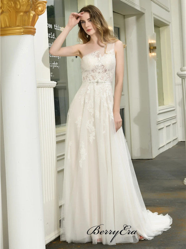 Modest One Shoulder Lace Wedding Dresses, A-line Elegant Bridal Gowns