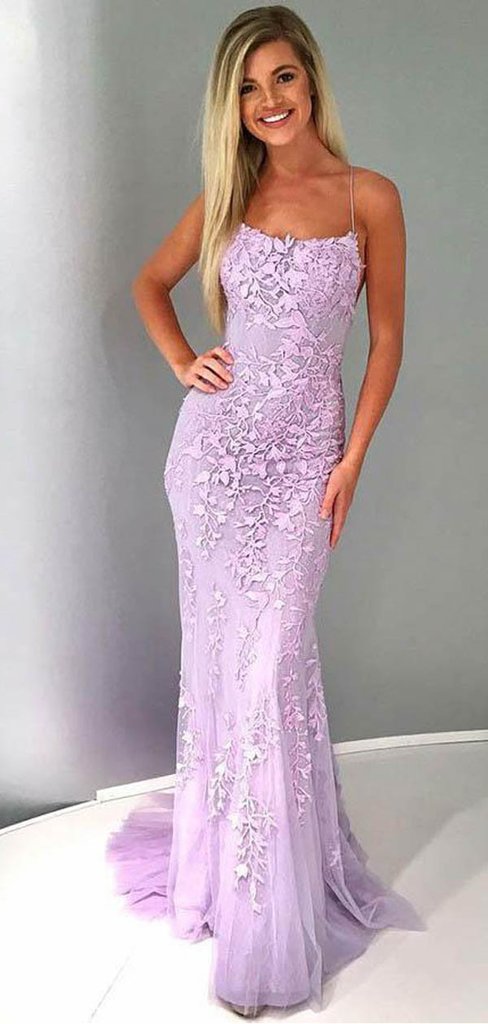 Spaghetti Lilac Lace Tulle Long Mermaid Prom Dresses