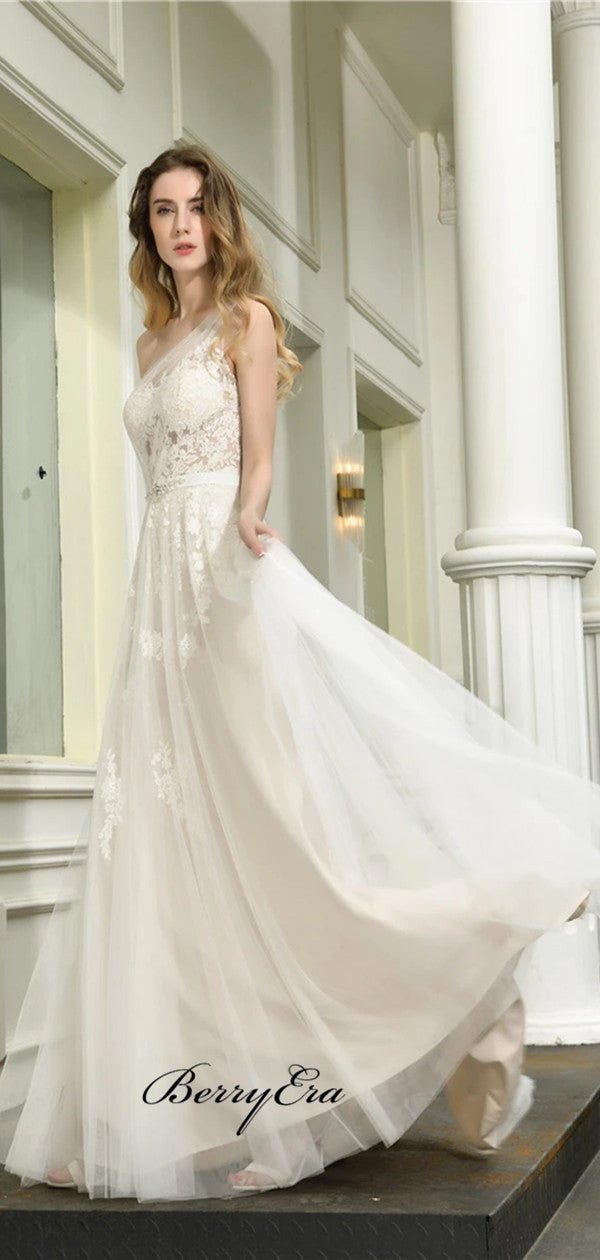 Modest One Shoulder Lace Wedding Dresses, A-line Elegant Bridal Gowns