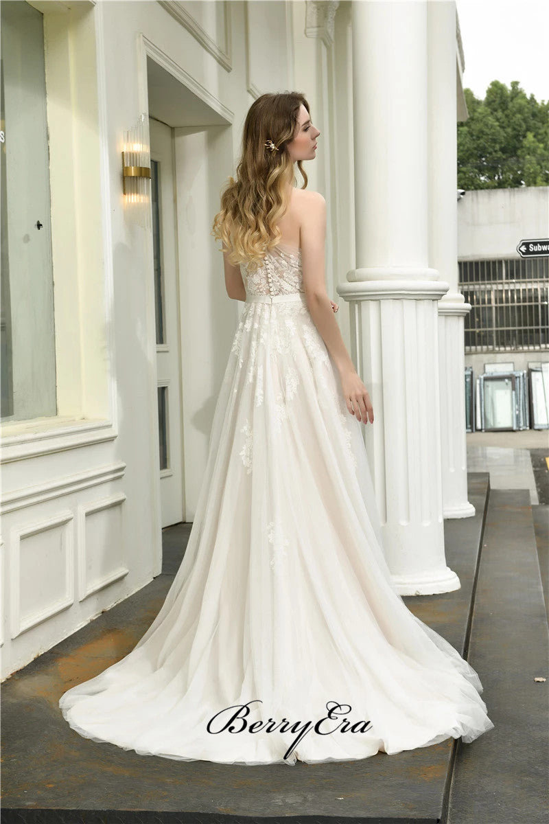 Modest One Shoulder Lace Wedding Dresses, A-line Elegant Bridal Gowns