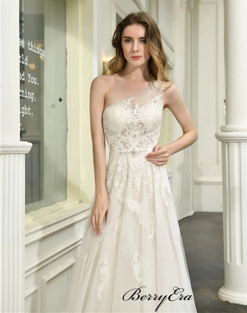 Modest One Shoulder Lace Wedding Dresses, A-line Elegant Bridal Gowns